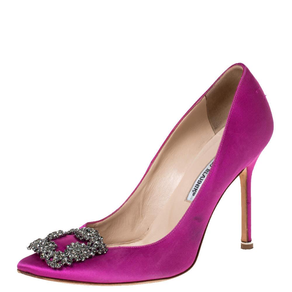 Manolo Blahnik Pink Satin Hangisi Crystal Embellished Pumps Size 38.5 ...