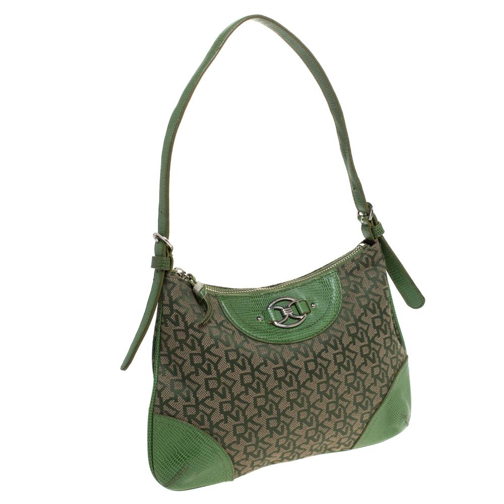 DKNY Green Monogram Canvas And Lizard Embossed Leather Small Shoulder