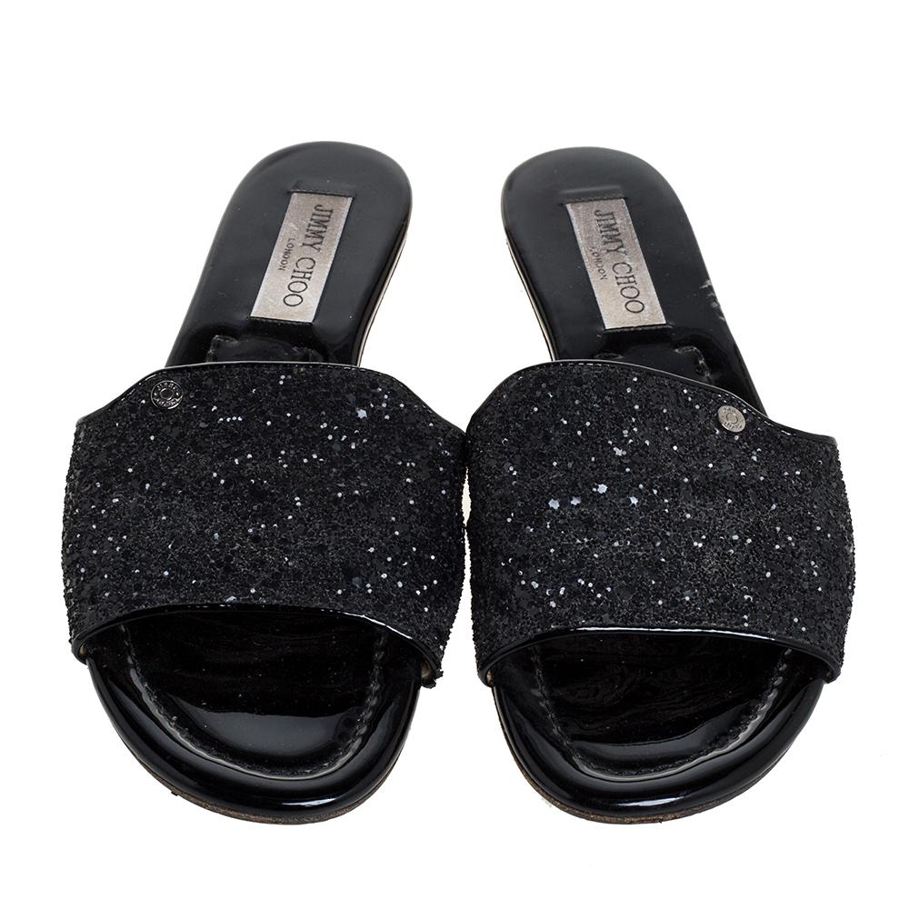 Jimmy Choo Leather Metallic Black Glitter Nanda Flat Slides - Lyst