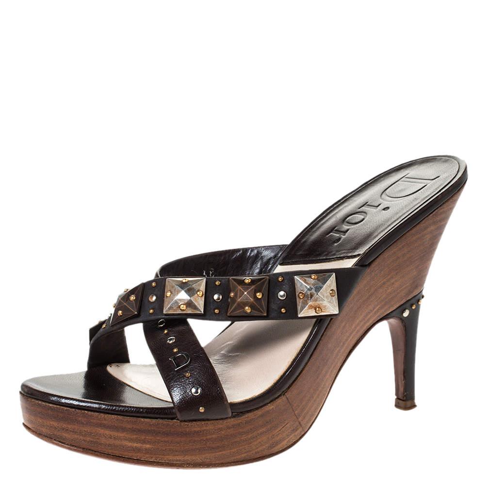 Dior Brown Leather Studded Cross Strap Platform Sandals Size 38 - Lyst