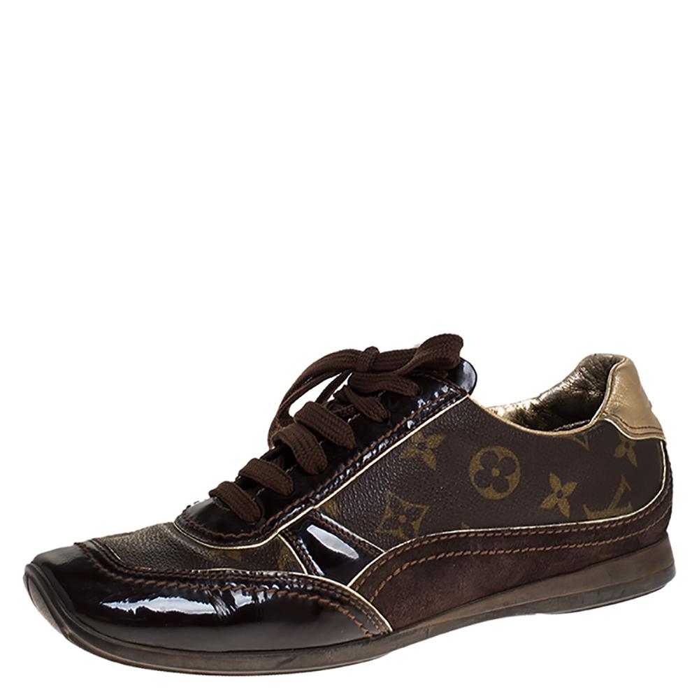 Louis Vuitton Brown Monogram Canvas And Suede Low Top Sneakers Size 38 - Lyst