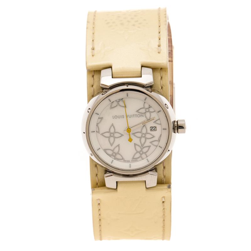 Louis Vuitton Mother Of Pearl Stainless Steel Tambour Q121c Women&#39;s Wristwatch 28 Mm in Yellow ...
