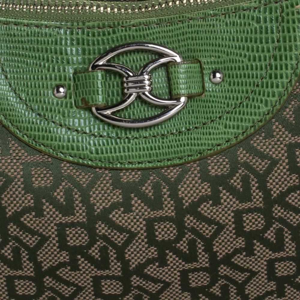 DKNY Green Monogram Canvas And Lizard Embossed Leather Small Shoulder