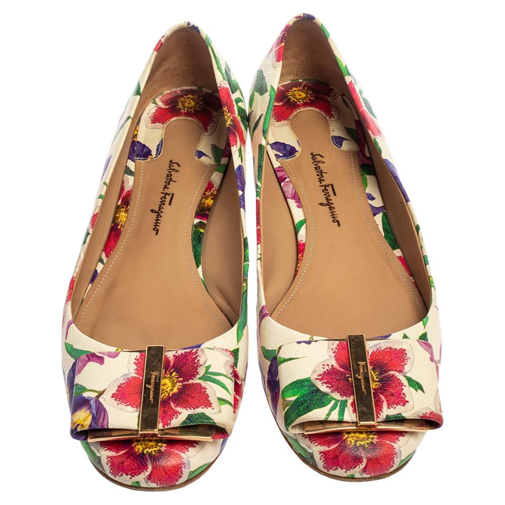 Ferragamo Multicolor Floral Print Leather Avola Bow Ballet Flats - Lyst