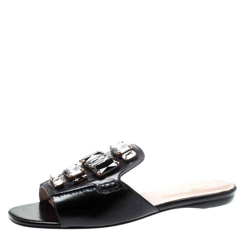 Tod's Limited Edition Black Leather Crystal Embellished Peep Toe Flat ...