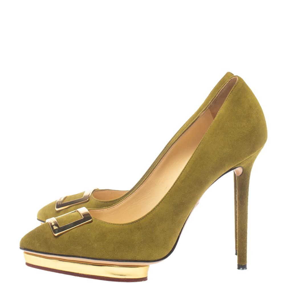 Charlotte Olympia Green Suede Dotty Platform Pumps - Lyst