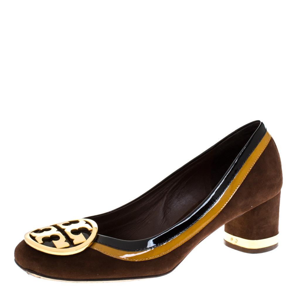 Tory Burch Brown Suede And Patent Leather Block Heel Pumps Size 39 Lyst