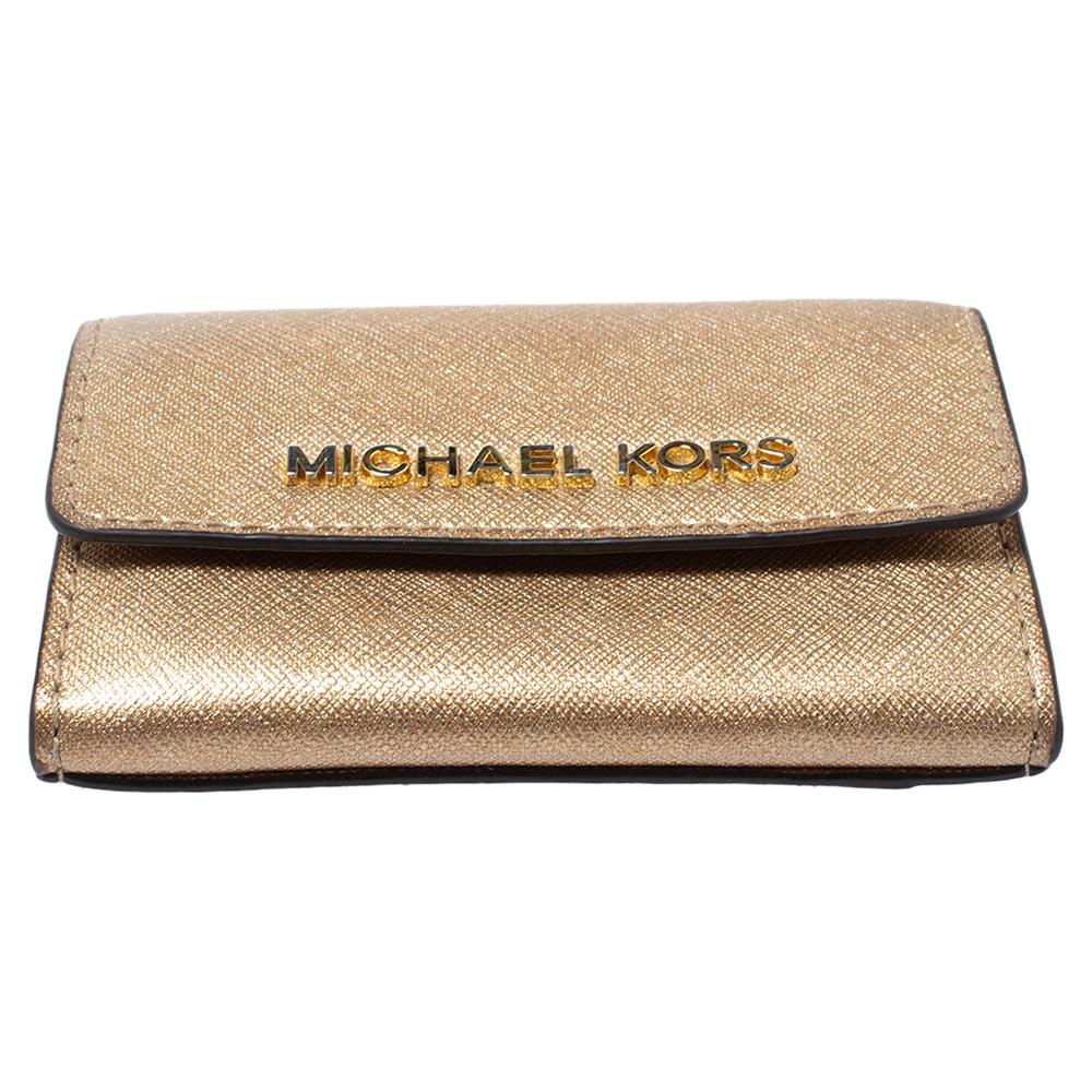 Michael Kors Metallic Gold Leather Flap Card Holder - Lyst