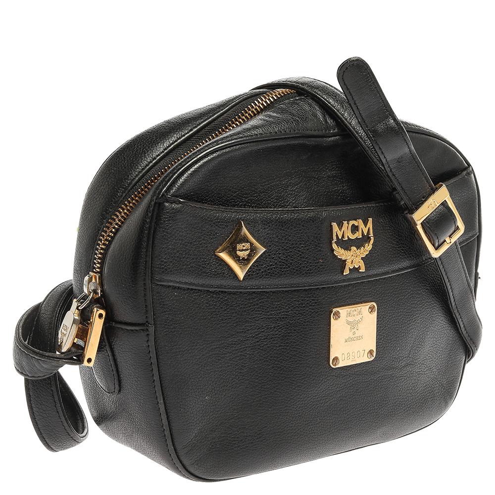 MCM Black Leather Studded Camera Shoulder Bag Lyst