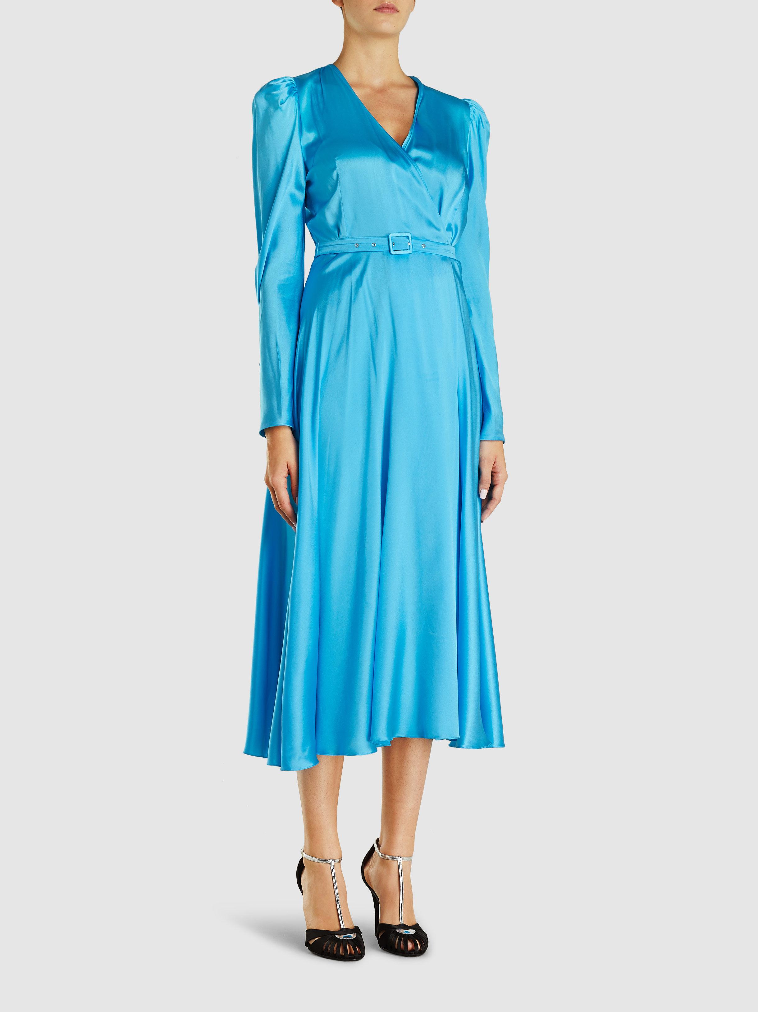 Anna October Belted Satin Midi Dress in Light Blue (Blue) - Lyst
