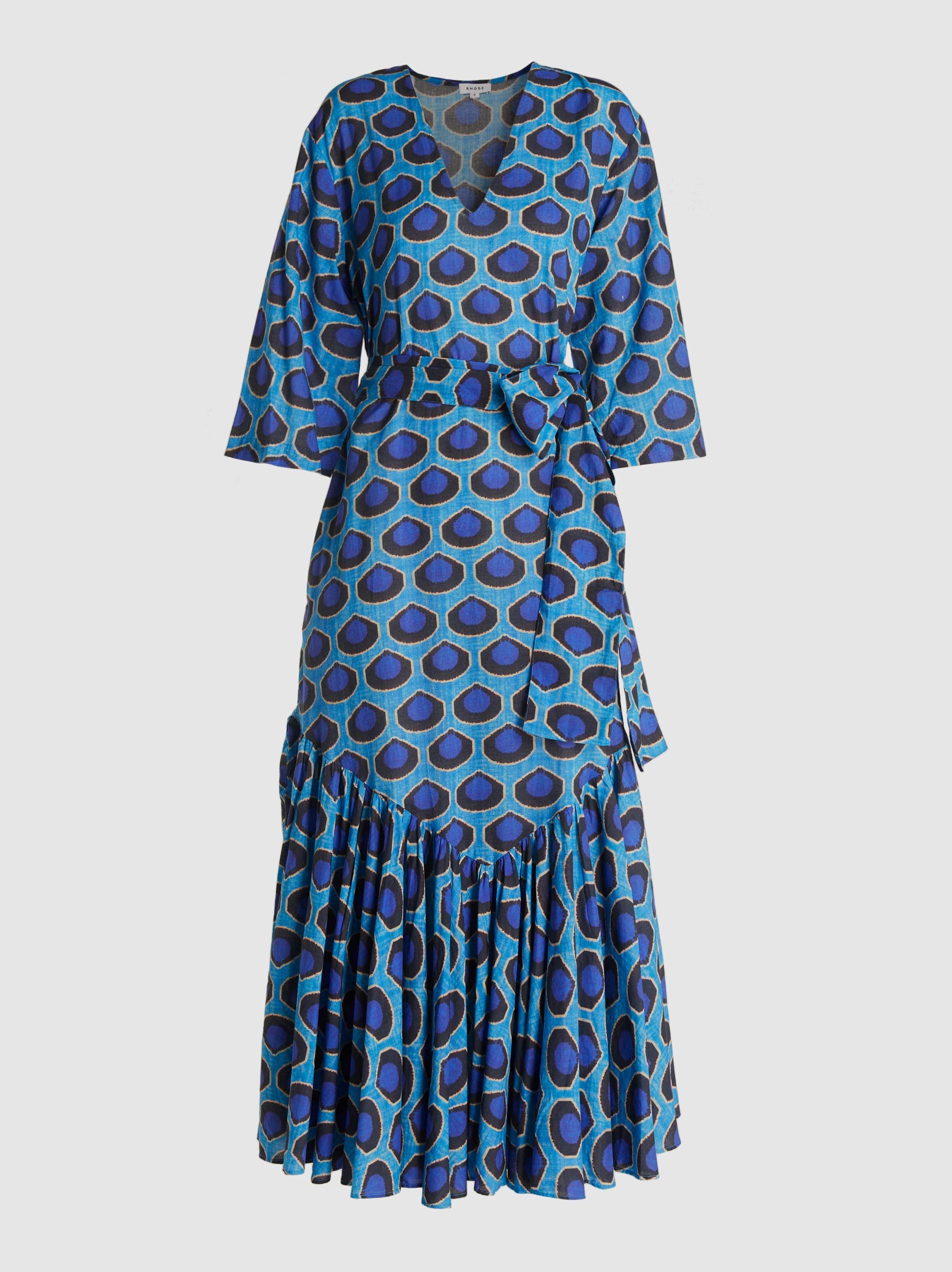 RHODE Cotton Rose Printed Wrap Midi Dress in Blue - Lyst