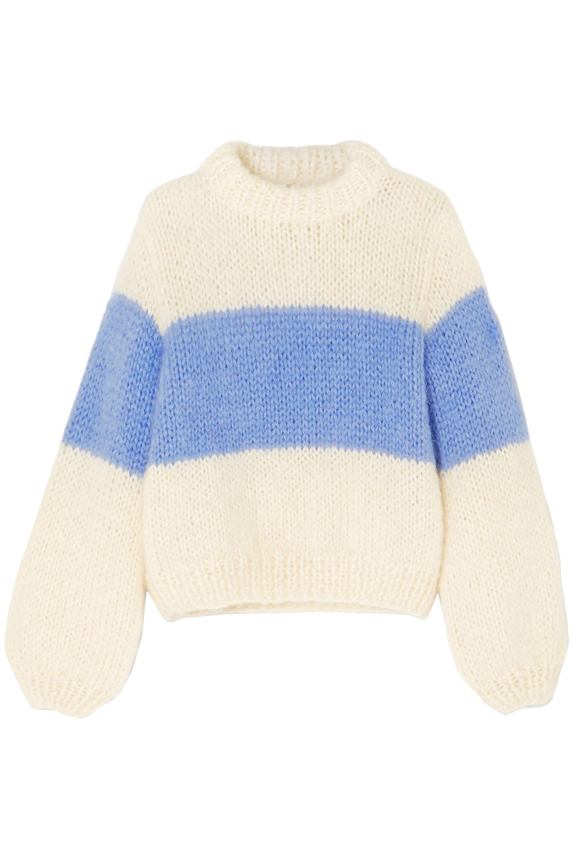Ganni Striped Mohair And Wool-blend Sweater in Ecru (Blue) - Lyst
