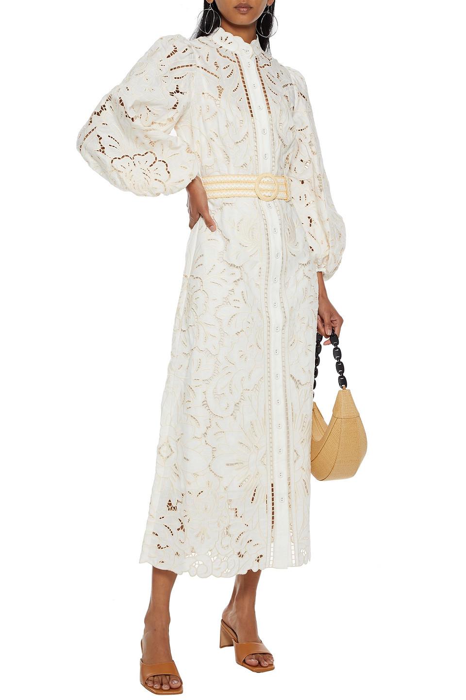 Zimmermann Empire Belted Broderie Anglaise Linen And Cotton-blend Midi Dress  in White | Lyst