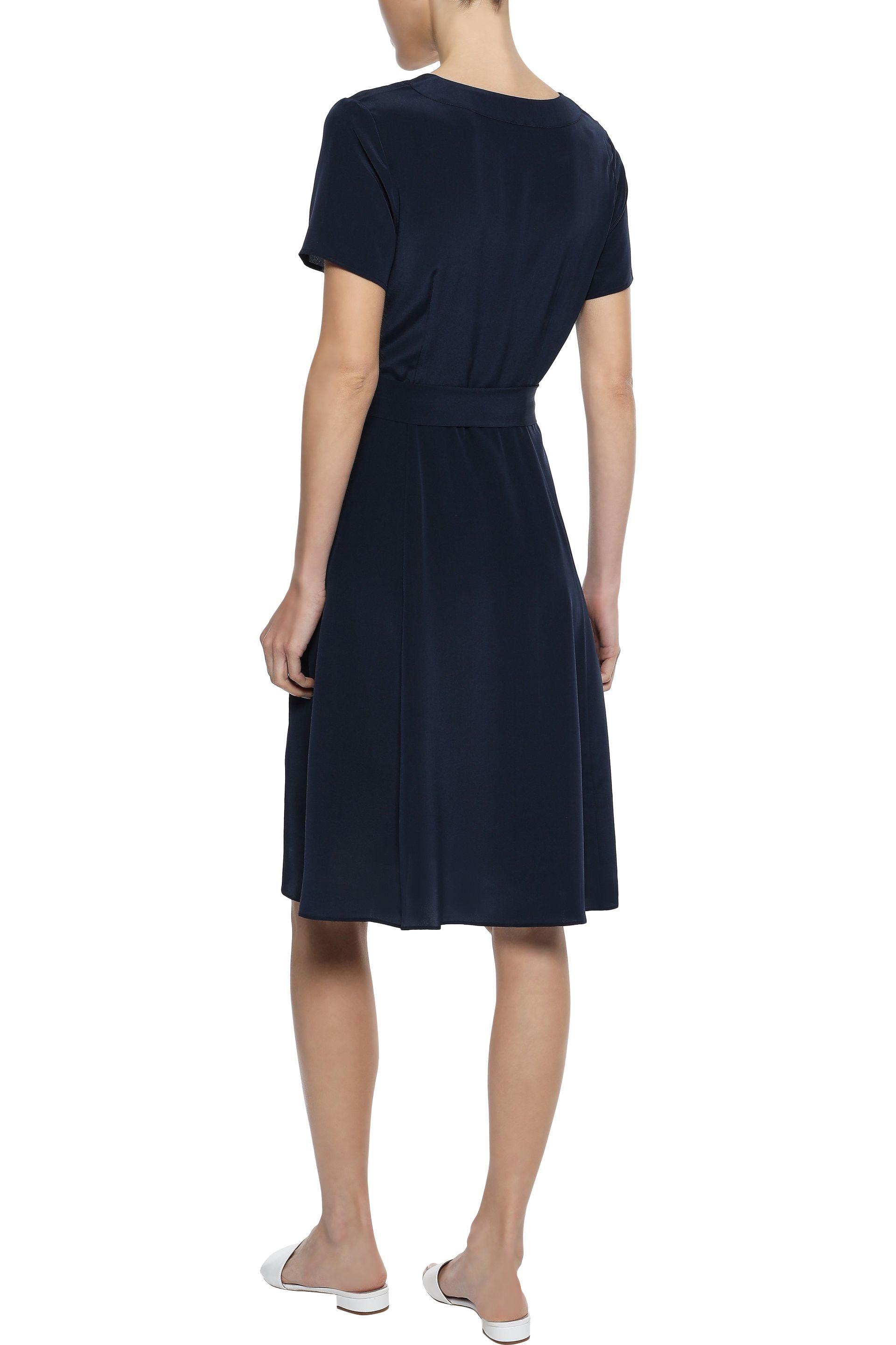 Iris & Ink Siv Belted Washed-silk Dress Navy in Blue - Lyst