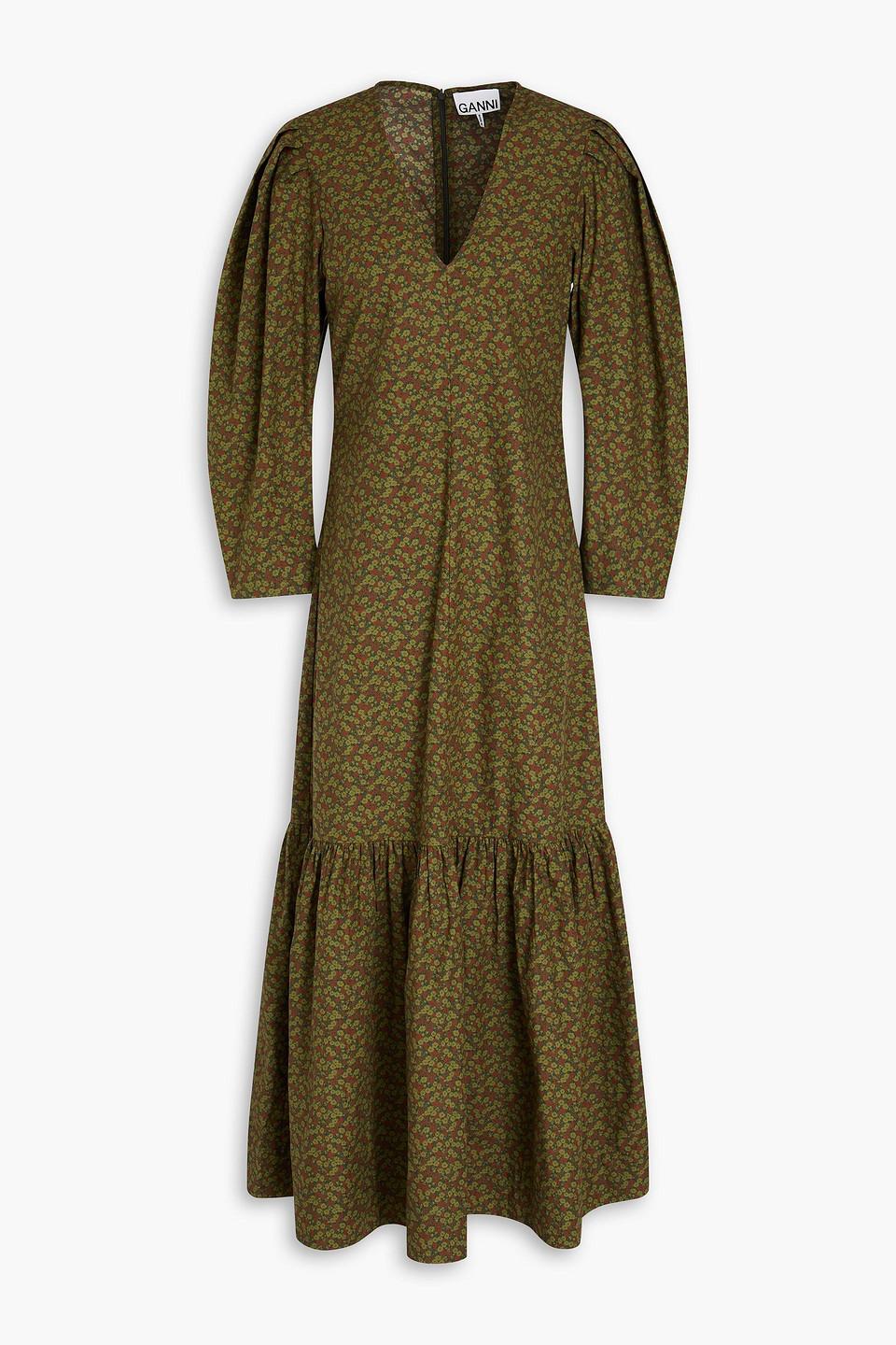 Ganni Floral print Cotton poplin Midi Dress in Green Lyst UK