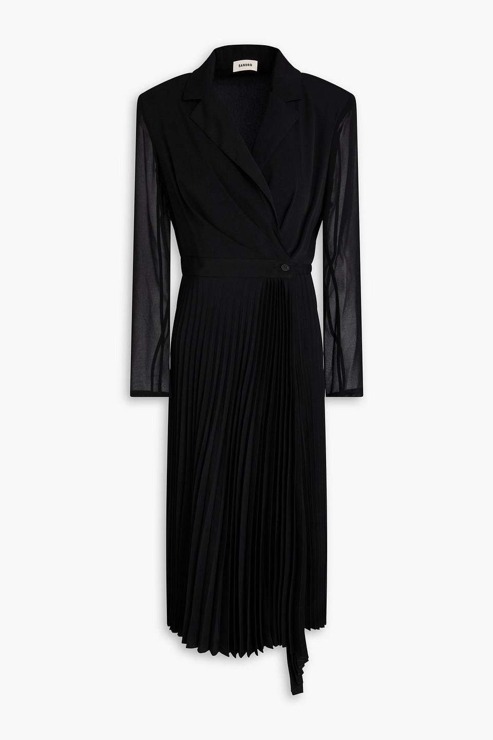 Sandro Pleated Crepe And Chiffon Midi Wrap Dress in Black | Lyst Canada