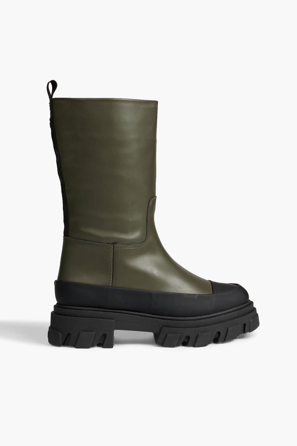 Ganni Tubular Rubber-trimmed Leather Ankle Boots in Green | Lyst