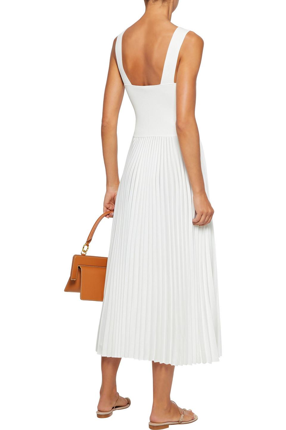 Theory Ribbed-knit And Pleated Satin-crepe Midi Dress in White | Lyst