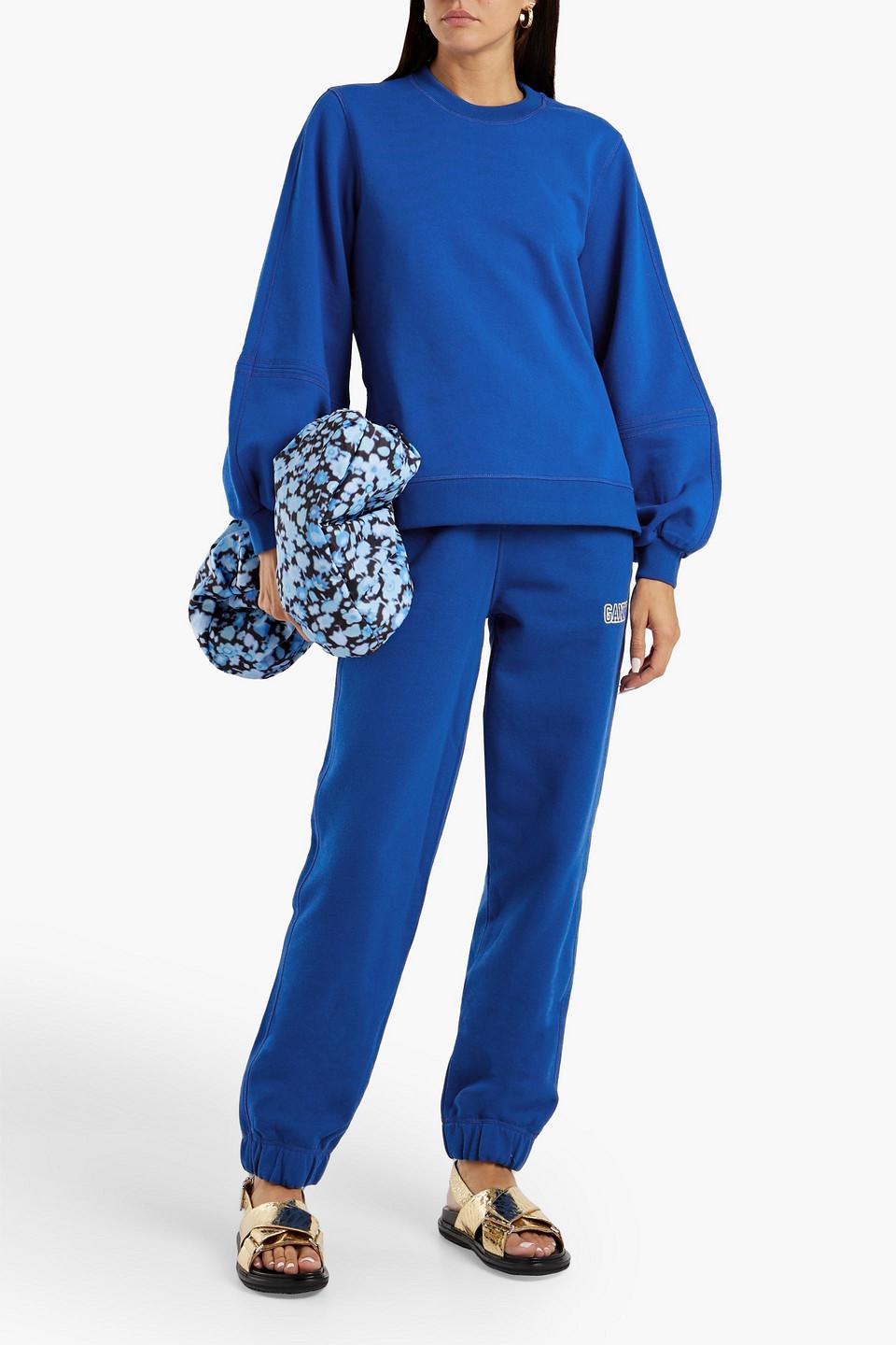 Ganni Embroidered French Cotton-blend Terry Track Pants in Blue | Lyst