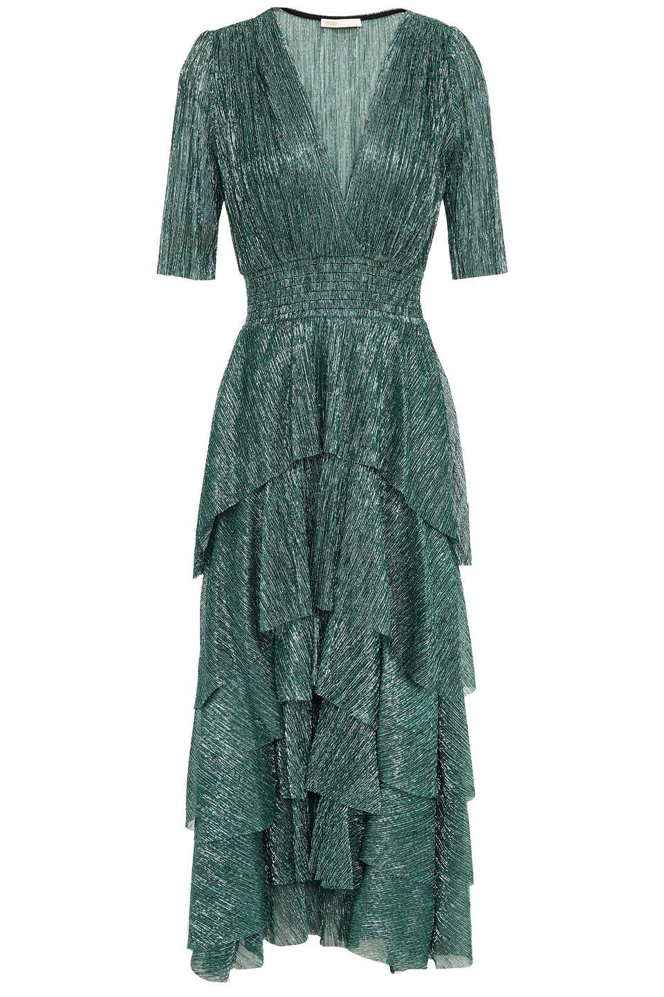 Maje Tiered Metallic Knitted Midi Dress in Green Lyst UK