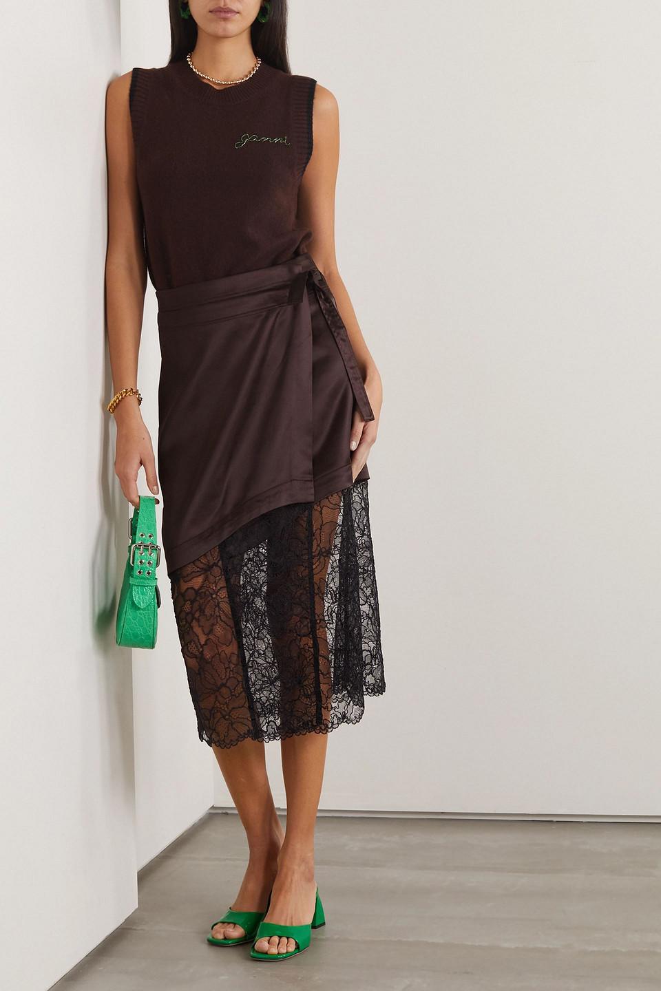 Ganni Stretch-satin And Corded Lace Wrap Skirt in Brown Ganni Stretch-satin And Corded Lace Wrap Skirt in Brown