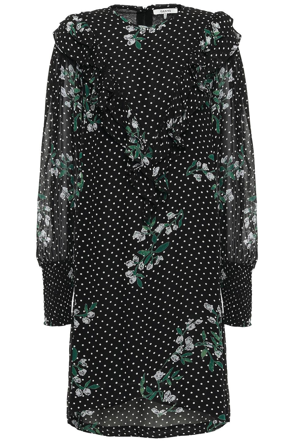 Ganni Synthetic Rometty Ruffled Printed Georgette Dress in Black - Lyst