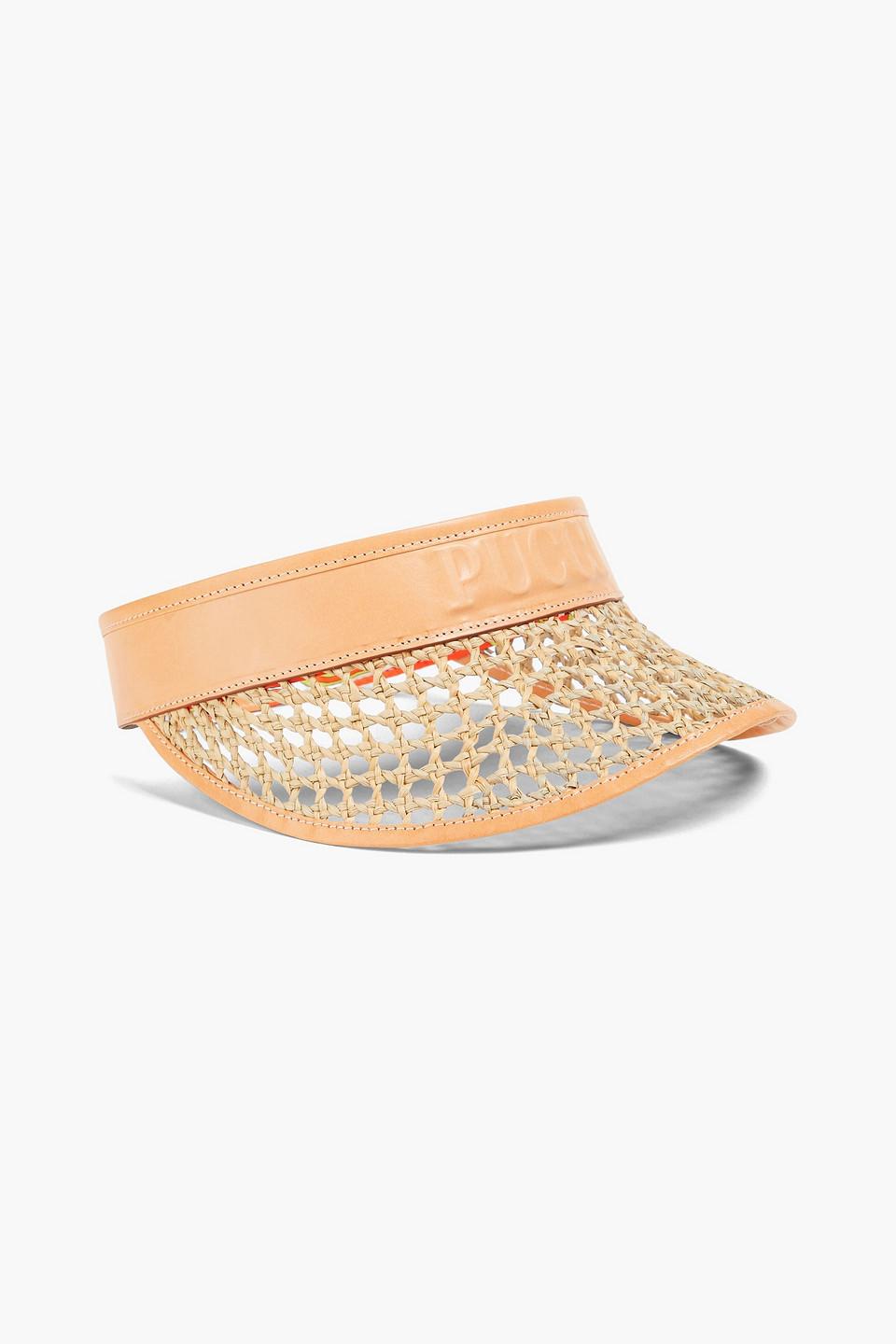 PUCCI Embossed Leather And Straw Visor in White | Lyst