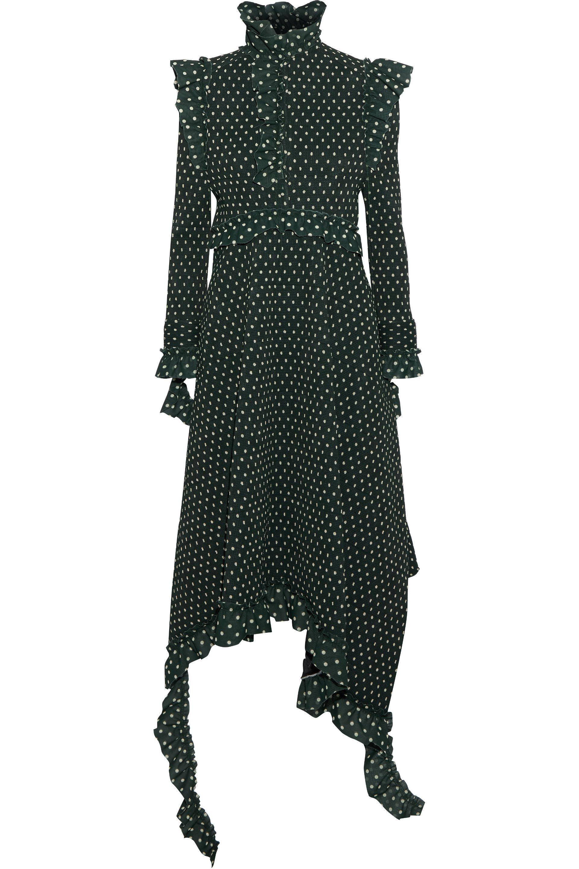 Vetements Synthetic Ruffled Ribbed Polka-dot Woven Midi Dress Green - Lyst