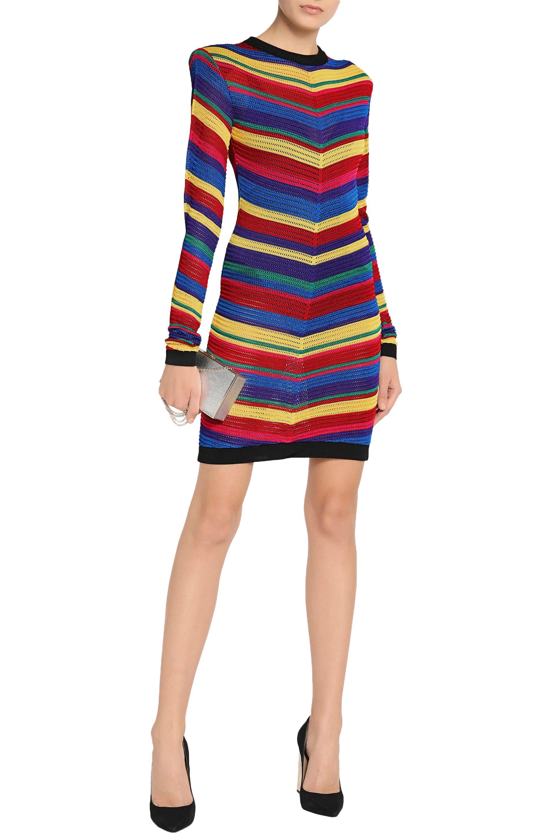 Balmain Striped Crocheted Mini Dress - Lyst