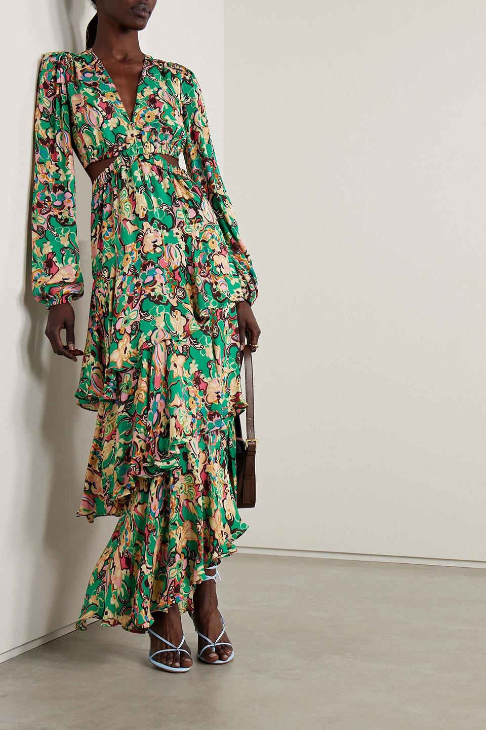 A.L.C. Bell Cutout Ruffled Floral print Silk Maxi Dress in Green Lyst UK
