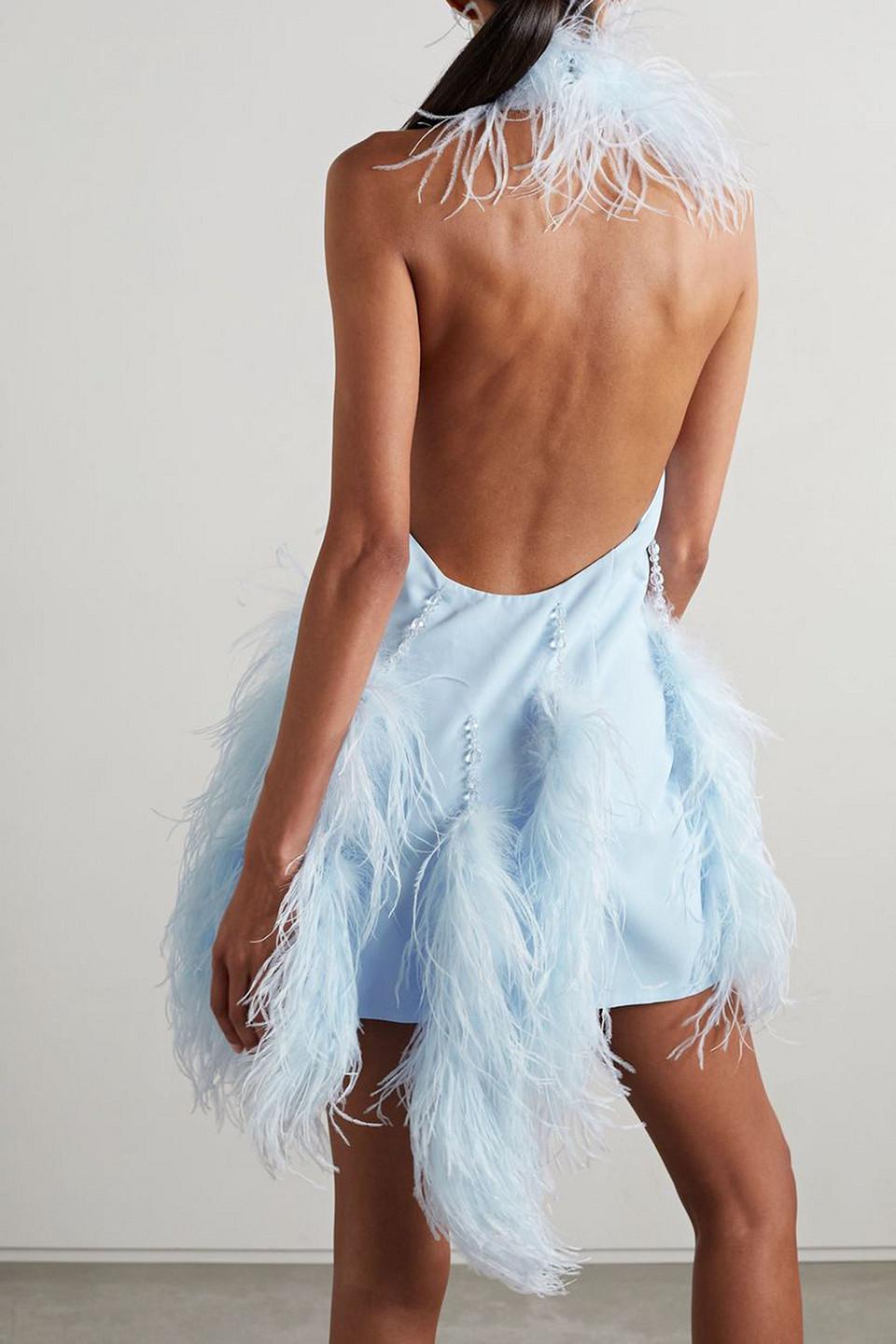 attico blue feather dress Attico Josephine Feather And Bead-embellished Crepe Halterneck Mini Dr - BOPF