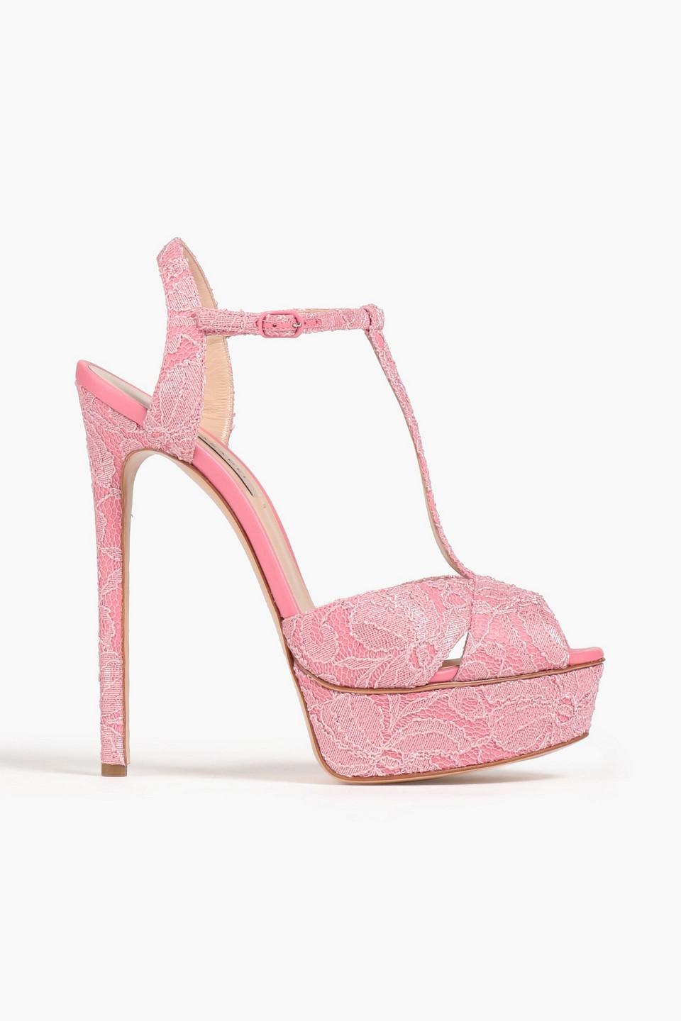 Casadei Chantal Corded Lace And Leather Platform Sandals in Pink | Lyst
