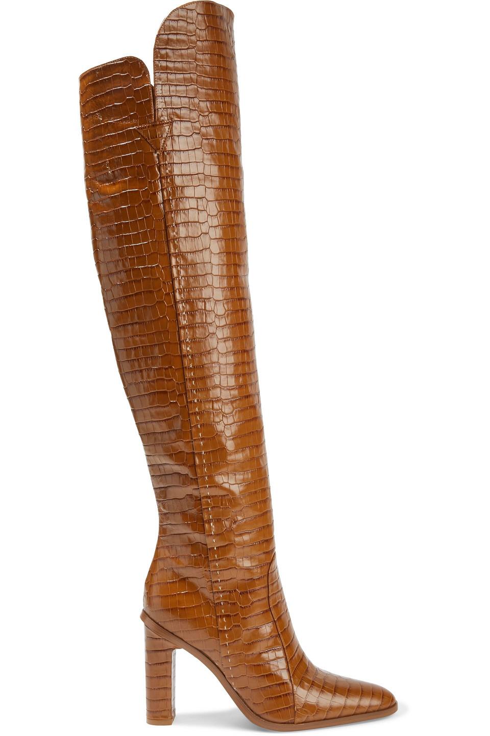 Max Mara Beboot Glossed Croc-effect Leather Over-the-knee Boots in Brown |  Lyst