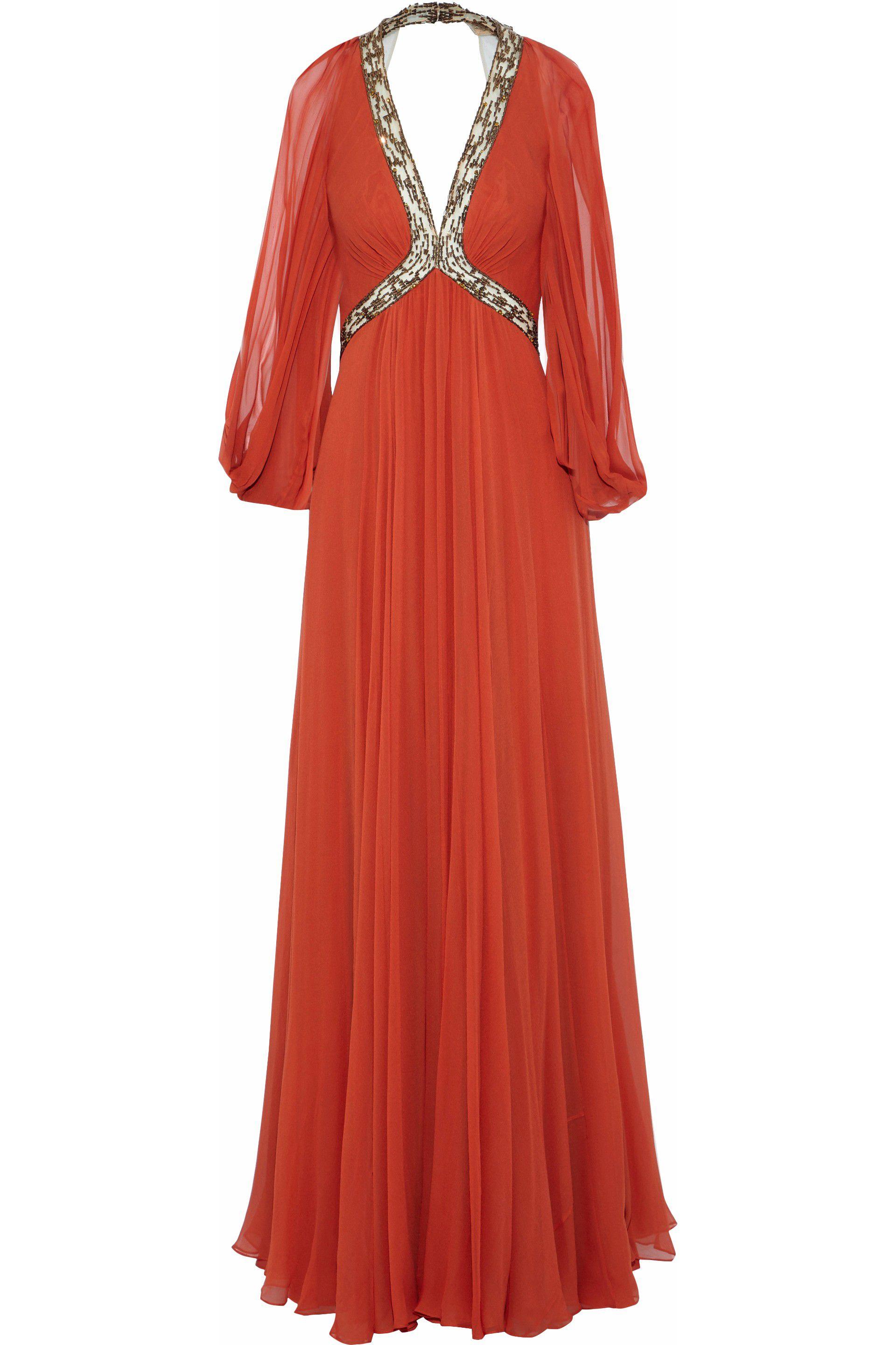 Jenny Packham Open Back Beaded Tulle Paneled Silk Crepe De Chine