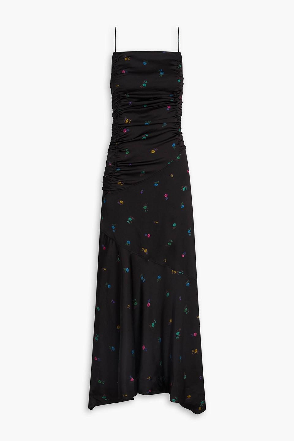 ganni ruched floral-print stretch-silk satin midi dress Ganni Ruched Floral-Print Stretch-Silk Satin Midi Dress In Baby Pink - 90%  Off