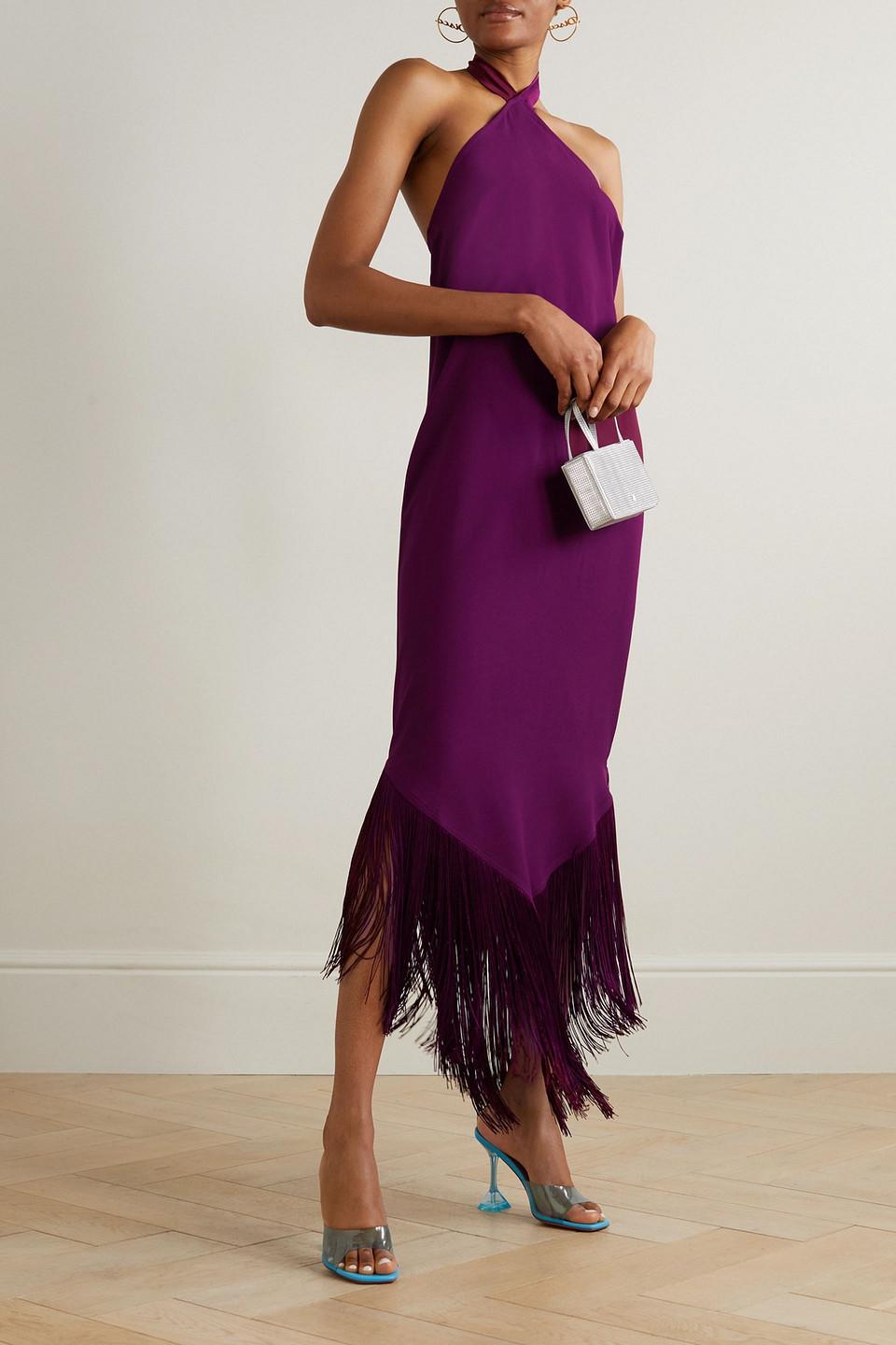 taller marmo purple dress Taller Marmo Nina Fringed Crepe Halterneck Midi Dress in Purple