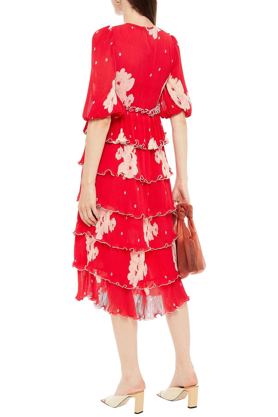 Trouwens Invloedrijk Belofte Ganni Tie Floral-print Plissé-chiffon Midi Dress in Red | Lyst