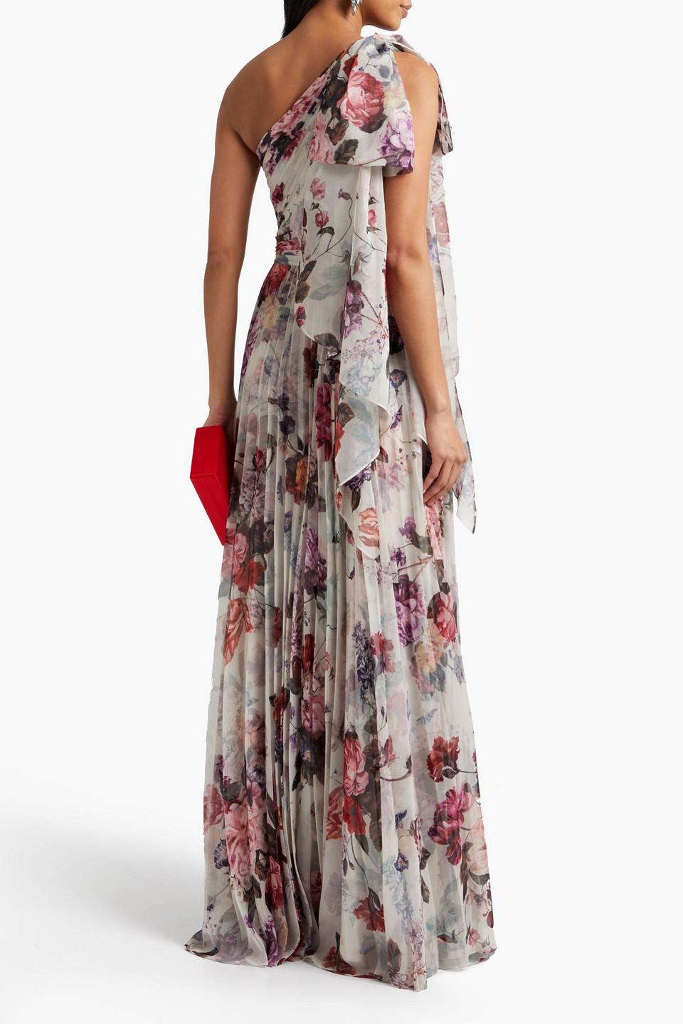 Marchesa One shoulder Pleated Floral print Chiffon Gown in White Lyst UK