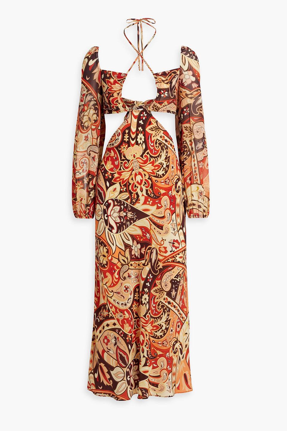 RIXO London Kamilla Cutout Printed Chiffon Midi Dress in Orange | Lyst