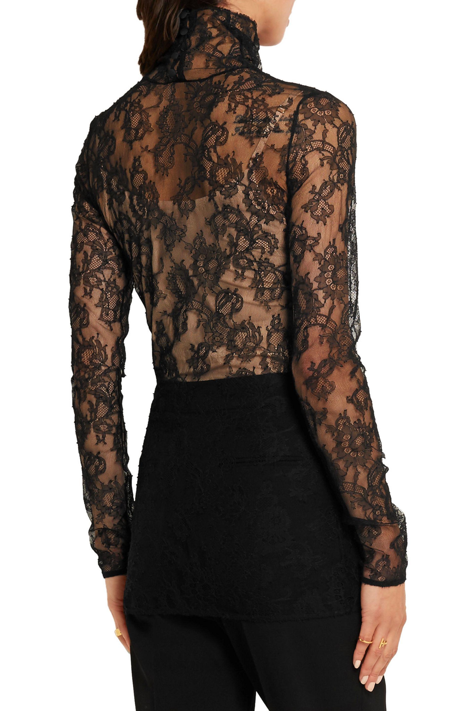 Lanvin Long-sleeve Sheer Lace Turtleneck Top in Black - Lyst