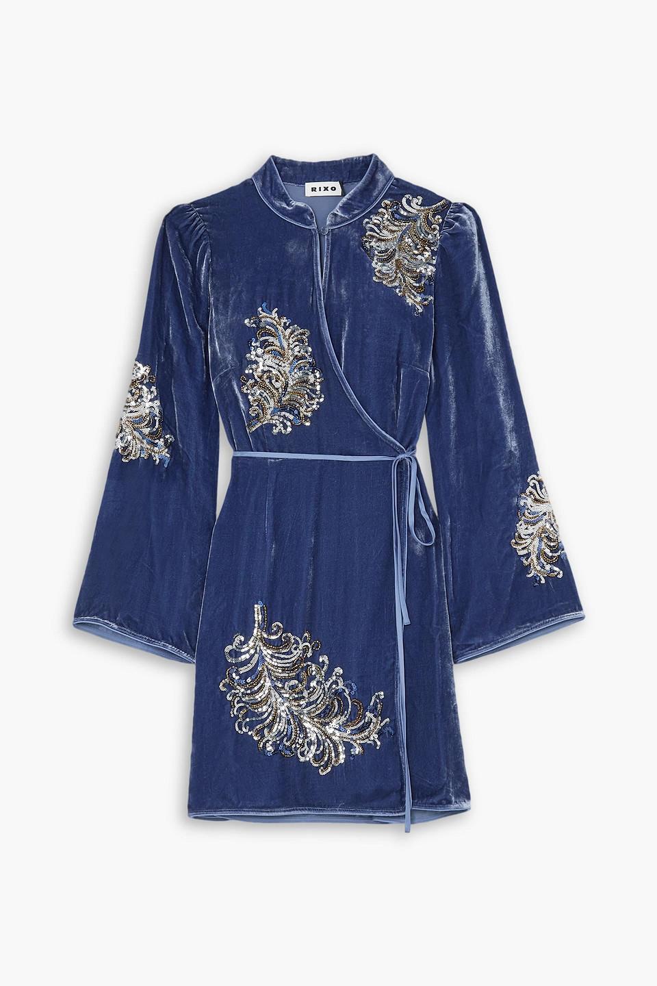RIXO London Gena Embellished Velvet Mini Wrap Dress in Blue Lyst UK
