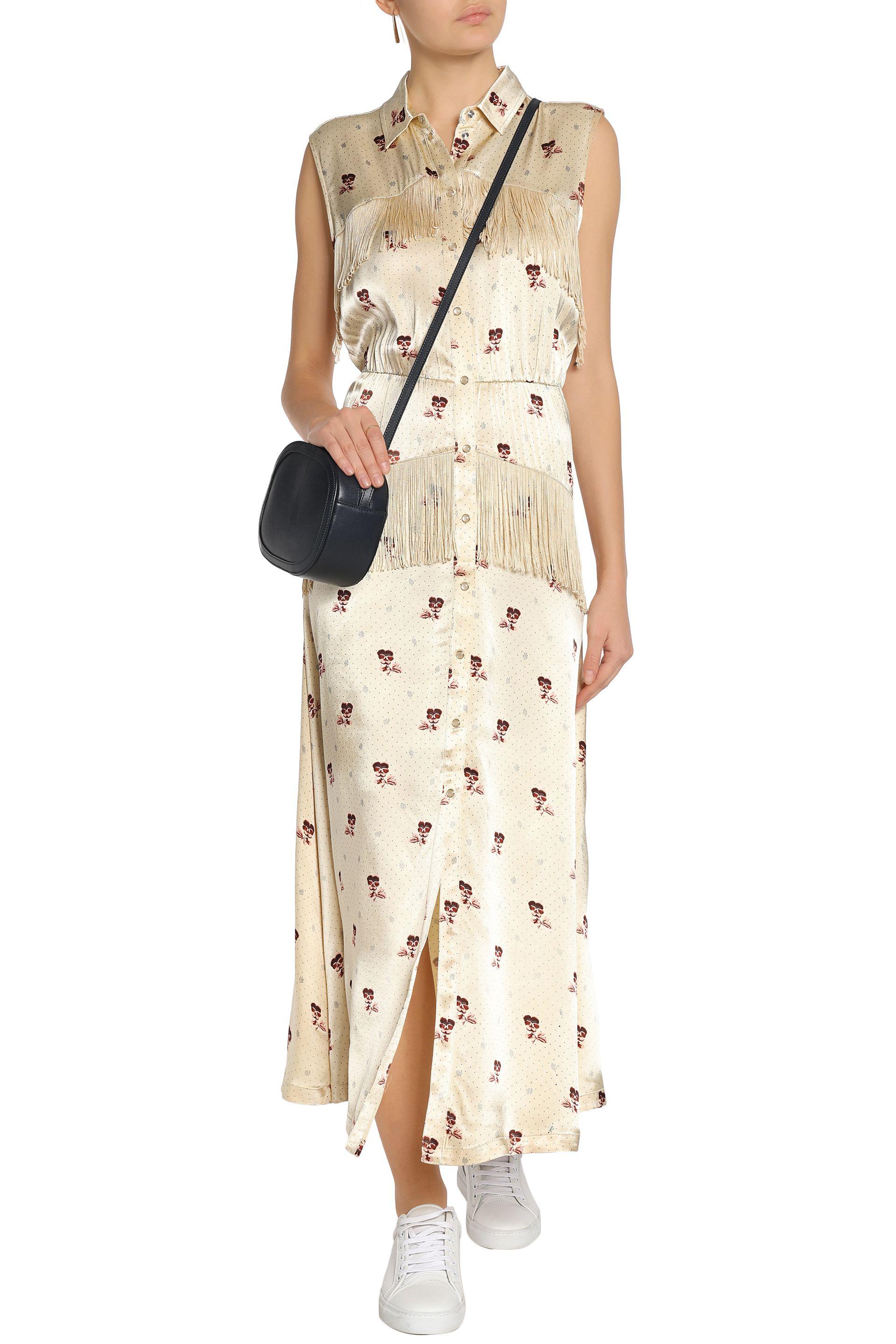 Ganni Donnelly Fringed Floral-print Satin Midi Dress in Beige (Natural) -  Lyst