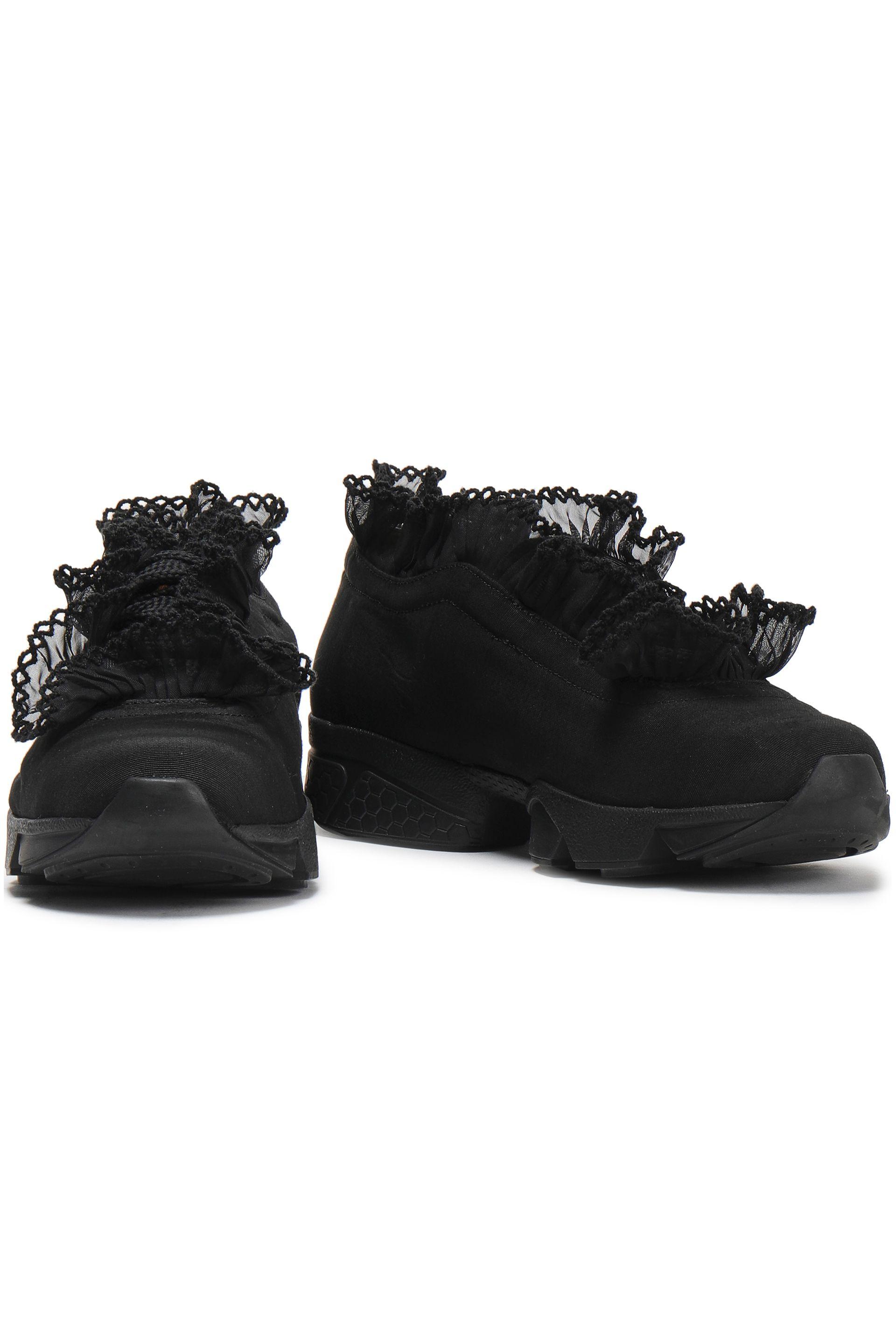 Ganni Leather Harriet Ruffle-trimmed Satin-faille Sneakers in Black - Lyst