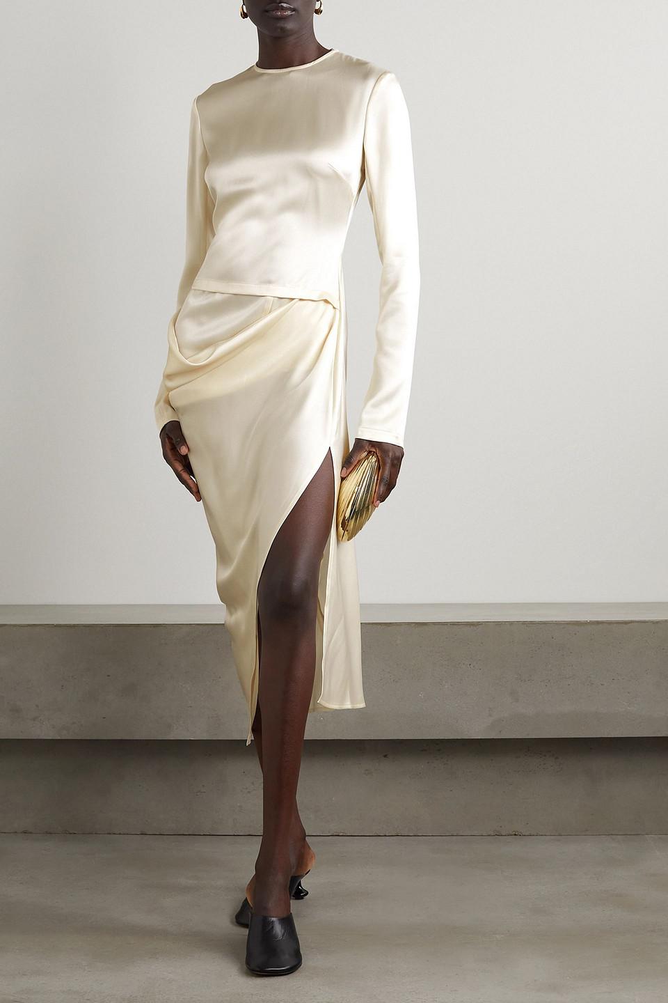 【送料&関税込】J.W. Anderson Asymmetric Dress JW Anderson Asymmetric Draped Satin Midi Dress in Natural | Lyst