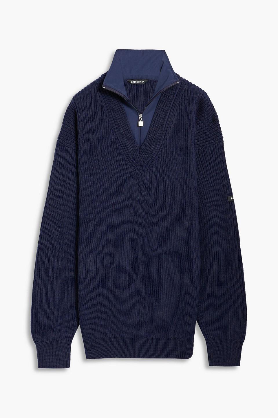 Balenciaga Shell-paneled Ribbed Wool Half-zip Sweater in Blue for Men | Lyst