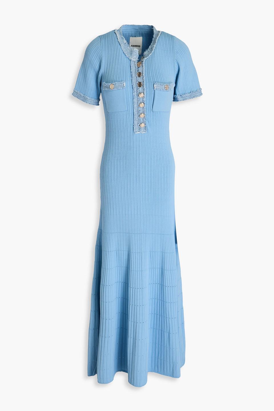 Sandro Denim-trimmed Ribbed Pointelle-knit Midi Dress in Blue | Lyst Australia Sandro Denim-trimmed Ribbed Pointelle-knit Midi Dress in Blue | Lyst Australia