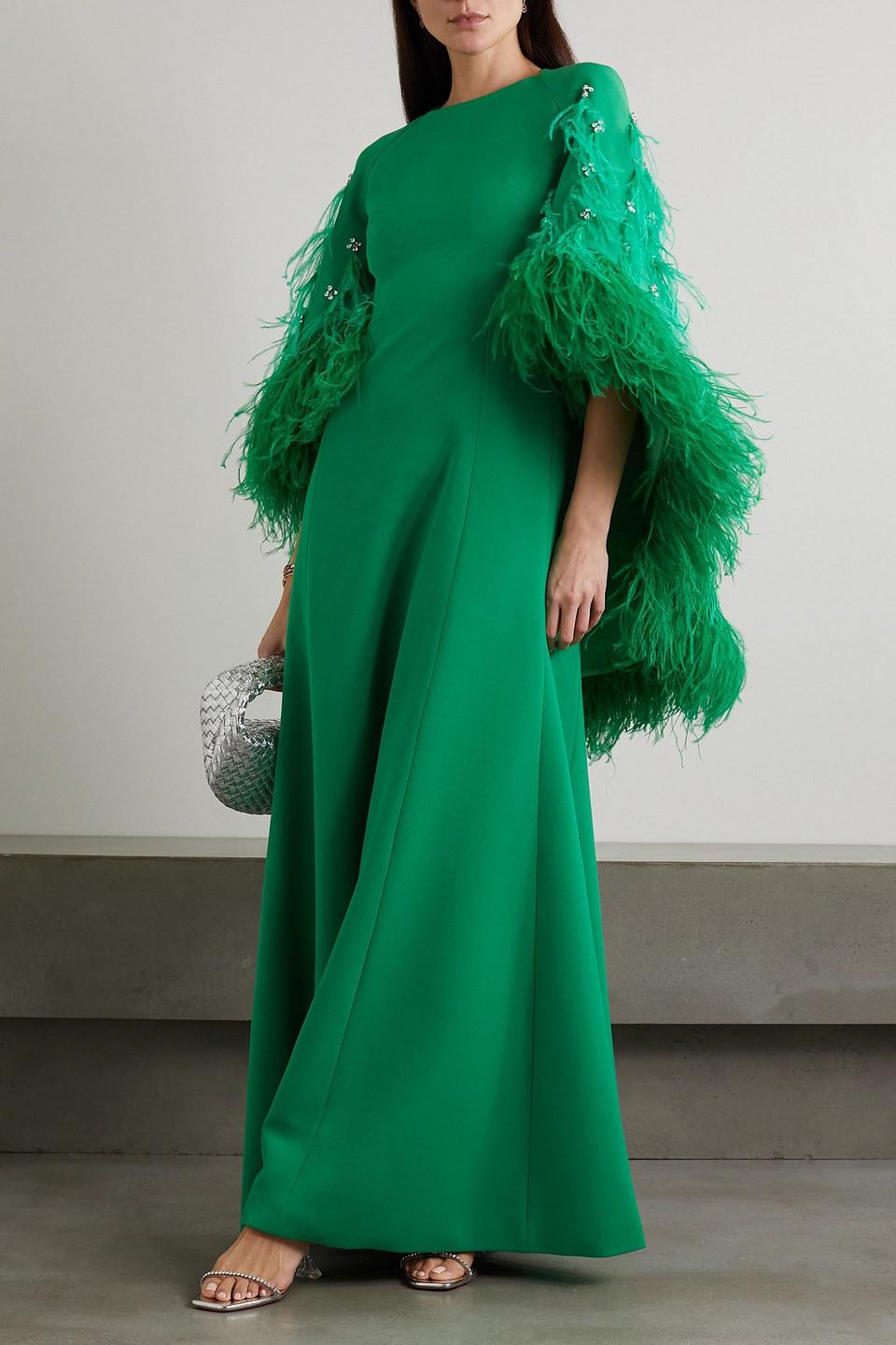 Huishan Zhang Christelle Cape-effect Crystal And Feather-embellished Crepe  Gown in Green | Lyst