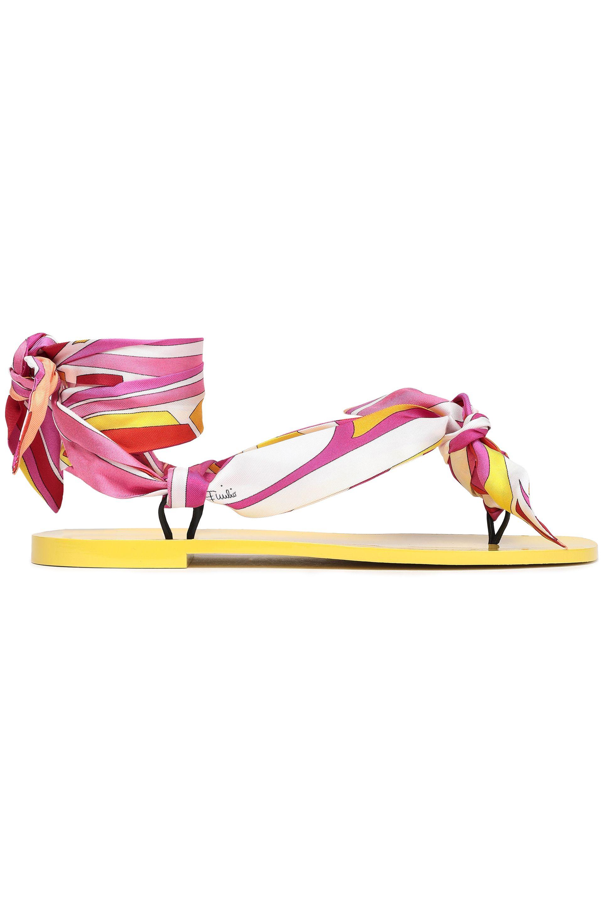 Emilio Pucci Leather Lace-up Printed Twill Flip Flops Yellow in 