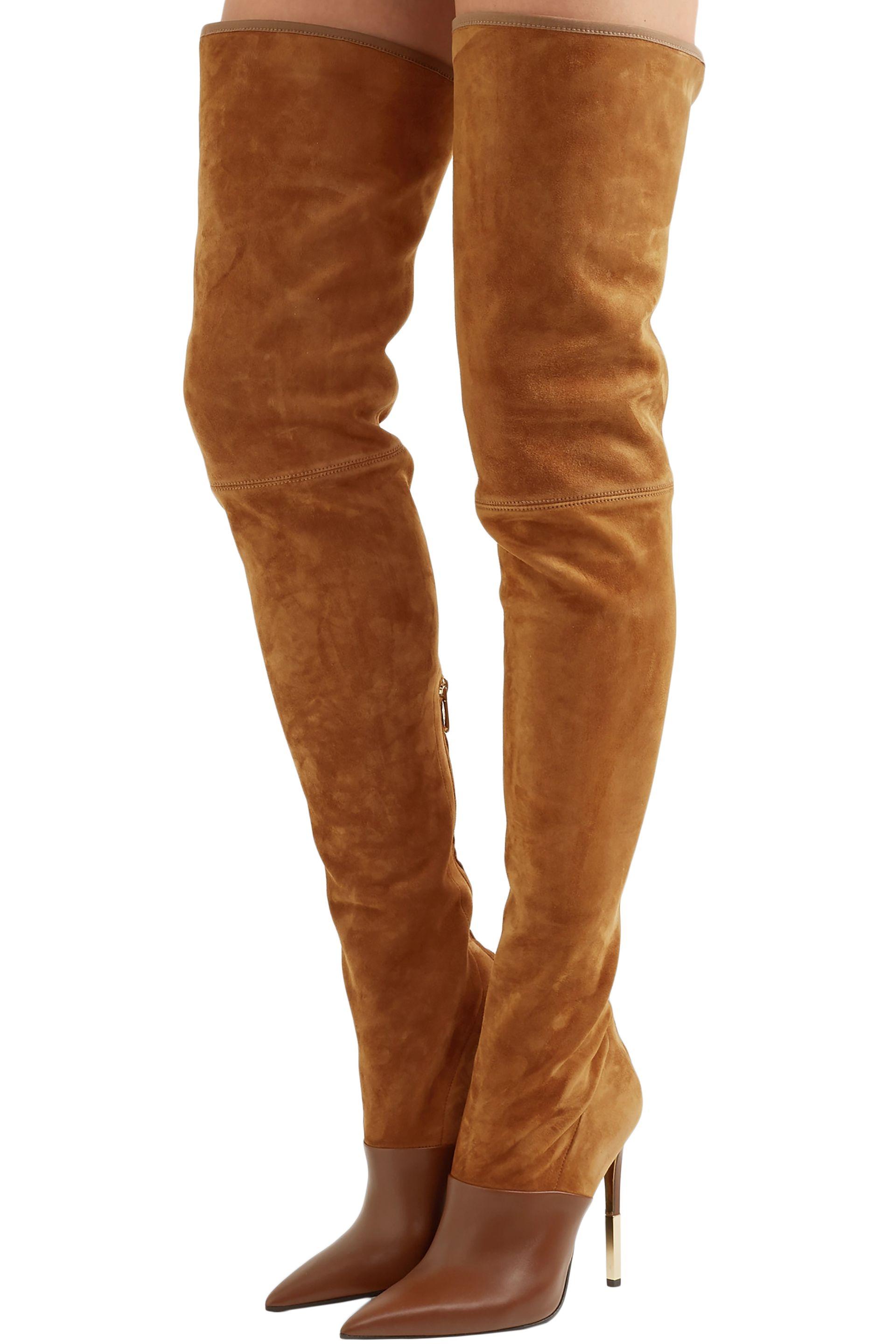 Balmain Leather-paneled Suede Thigh Boots Camel - Lyst