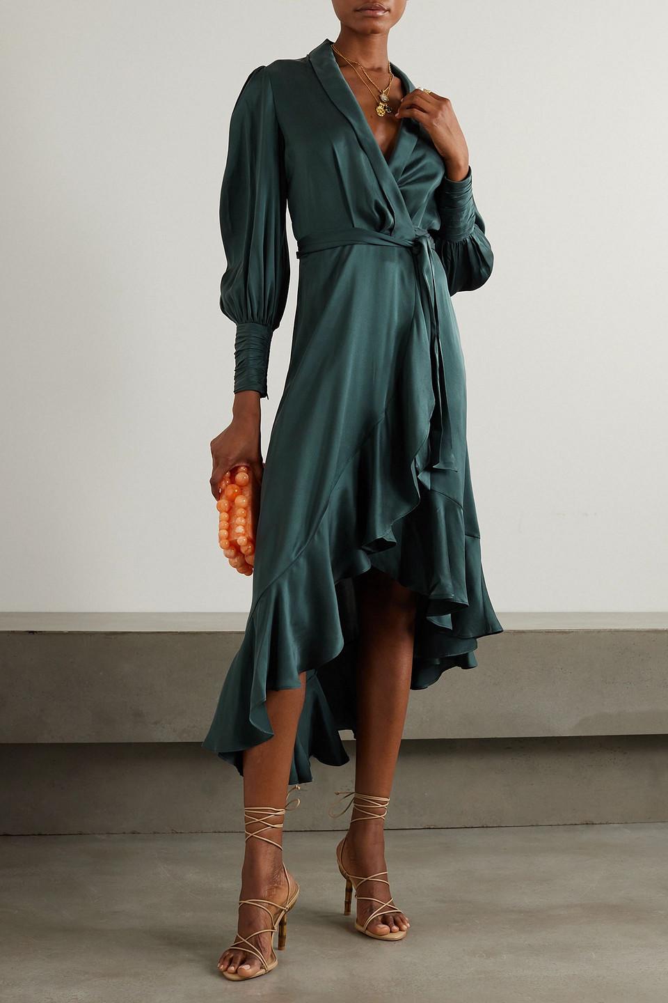 【ZIMMERMANN】asymmetric ruffled silk-satin wrap ドレス ZIMMERMANN Asymmetric ruffled silk-satin midi wrap dress